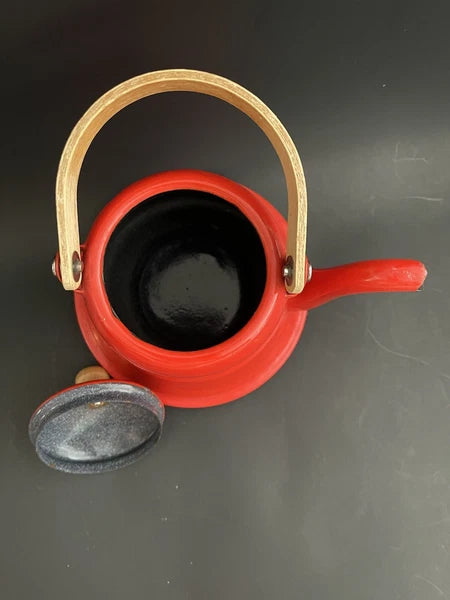 Vtg Red Enamel Coffee /Tea Pot/Kettle With Wood Handle