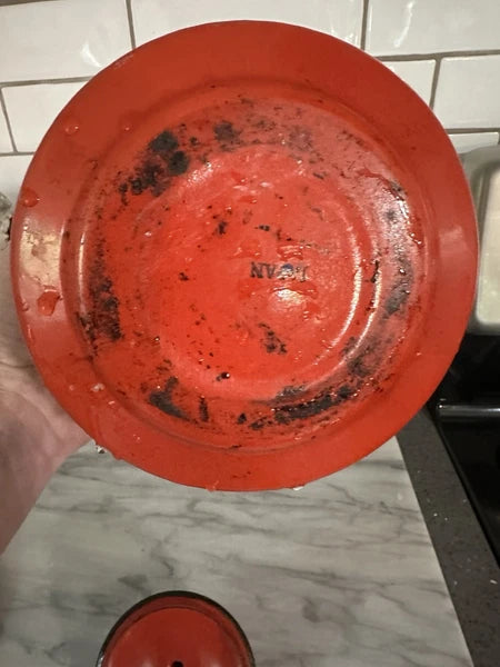 Vintage MCM Red Baked Enamel Tea Kettle with Black Handle Tea Pot Japan Rustic