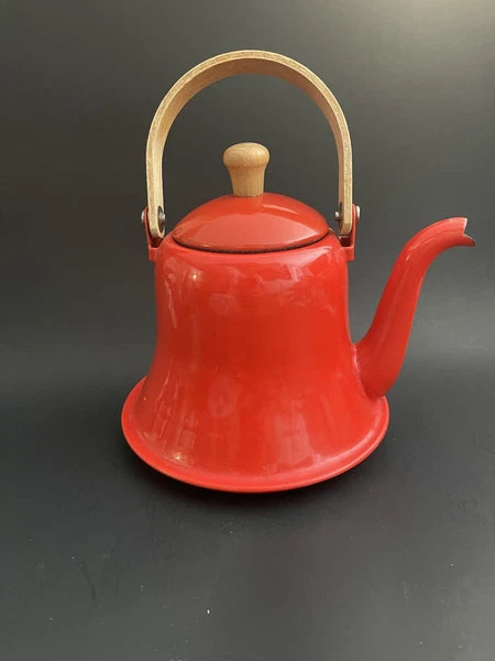 Vtg Red Enamel Coffee /Tea Pot/Kettle With Wood Handle