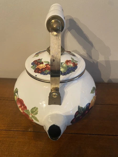 VINTAGE Teapot Kettle REGENCY ENAMEL WARE Stovetop Kitchen FRUIT