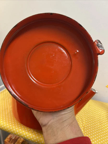 Vintage Orange Black Enamelware Tea Pot Kettle Mod Kitchen Retro 2.5QtPoland MCM