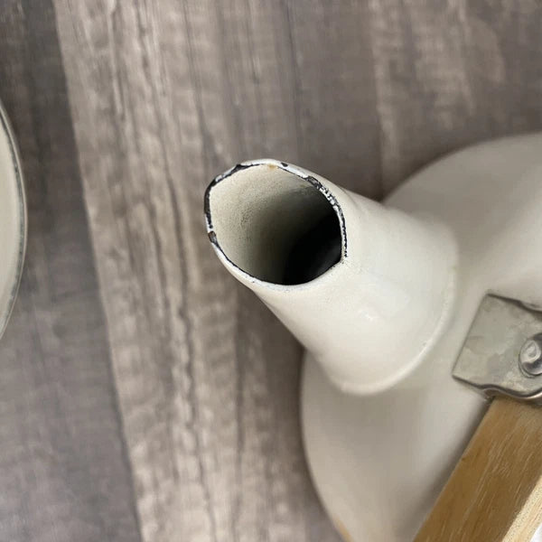 Vintage Beige Enamel Ware Mom Tea Pot Kettle Wood Handle Retro MCM Mother’s Day