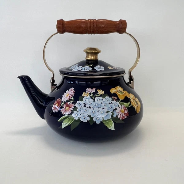 1983 GAILSTYN SUTTON "Flower Garden" Vintage Enamel Ware Cobalt Teapot Kettle