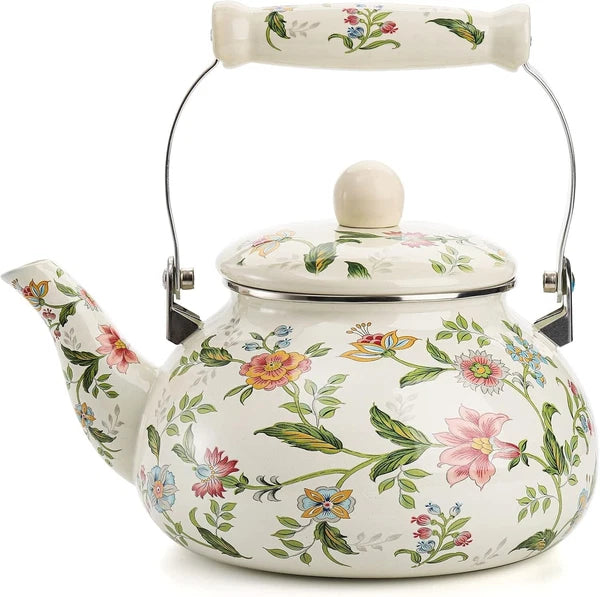 2.6 Quart Vintage Enamel Tea Kettle, Green Floral Enamel on Steel Teapot with Co
