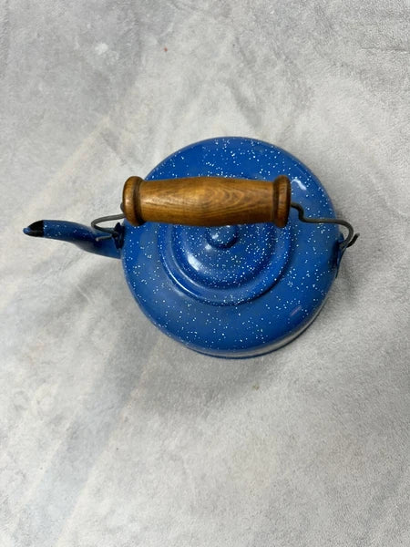Vintage Teapot Blue and White Speckled Enamel w/ Wood Handle Tea Kettle 10" x 9"