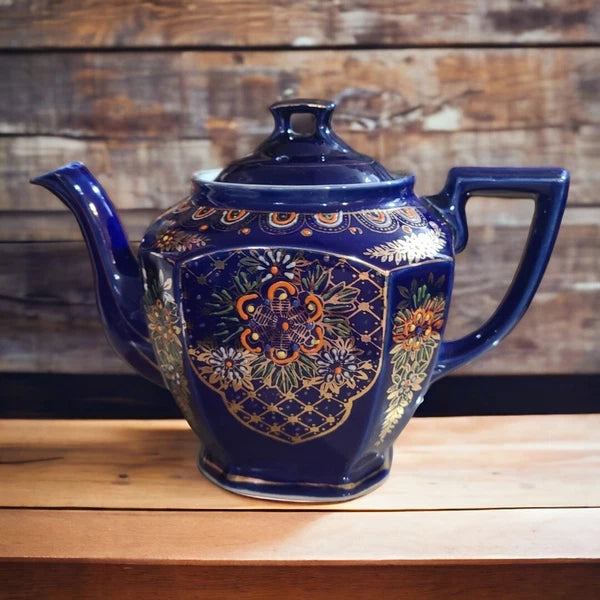 Vtg Seiei & Co Cobalt Blue Hand Painted Floral Blossom Enamel Teapot Japan