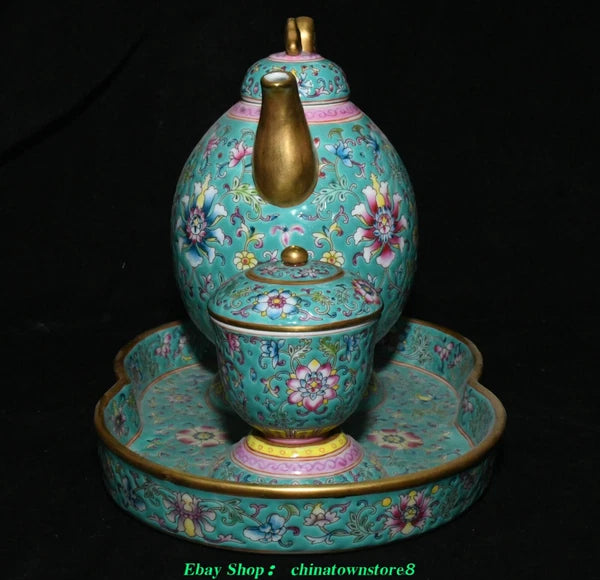 Old Qing Dynasty Enamel Colour Porcelain Gilt Flower Wine Tea Pot Flagon Set