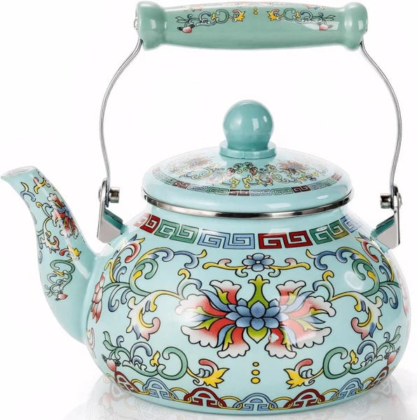 2.6 Quart Floral Enamel Tea Kettle, Vintage Enameled Teapot Stovetop, Enamel on